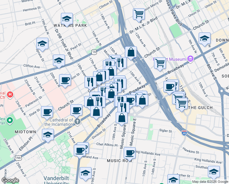 map of restaurants, bars, coffee shops, grocery stores, and more near 1600 West End Avenue in Nashville