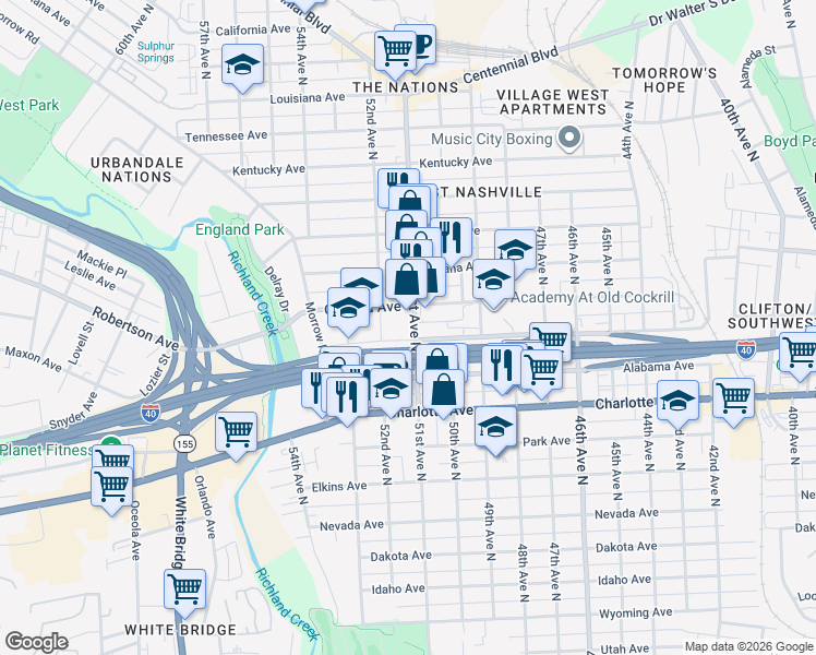 map of restaurants, bars, coffee shops, grocery stores, and more near 600 51st Avenue North in Nashville