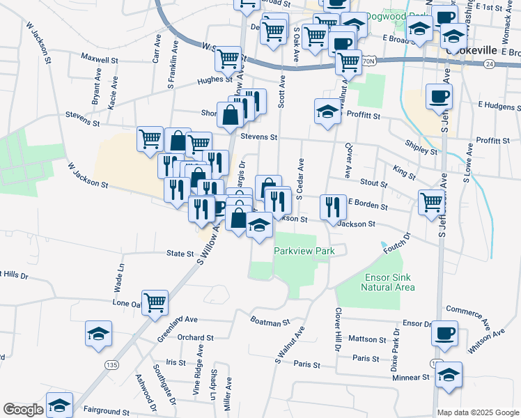 map of restaurants, bars, coffee shops, grocery stores, and more near 225 West Jackson Street in Cookeville