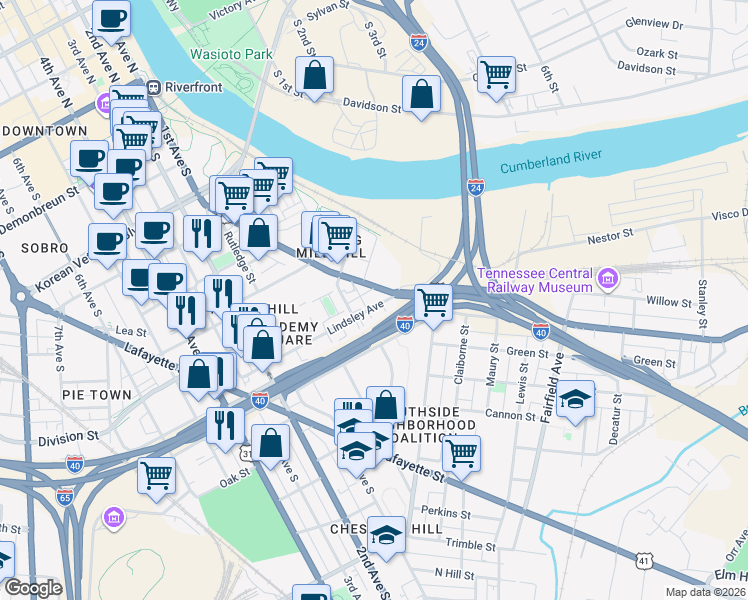 map of restaurants, bars, coffee shops, grocery stores, and more near 52 Lindsley Avenue in Nashville