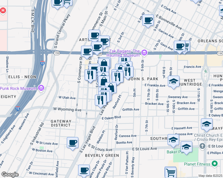 map of restaurants, bars, coffee shops, grocery stores, and more near 1402 South Las Vegas Boulevard in Las Vegas