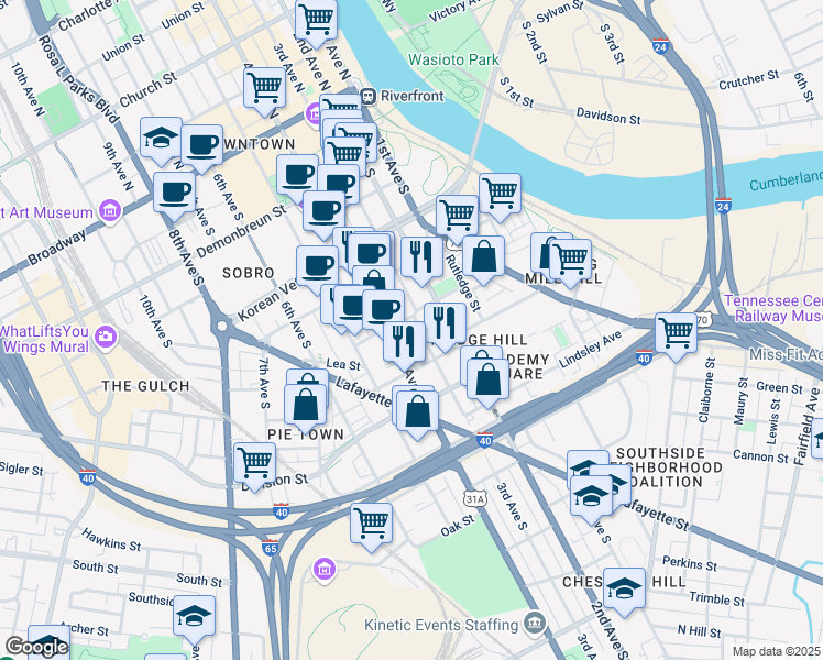 map of restaurants, bars, coffee shops, grocery stores, and more near 615 3rd Avenue South in Nashville