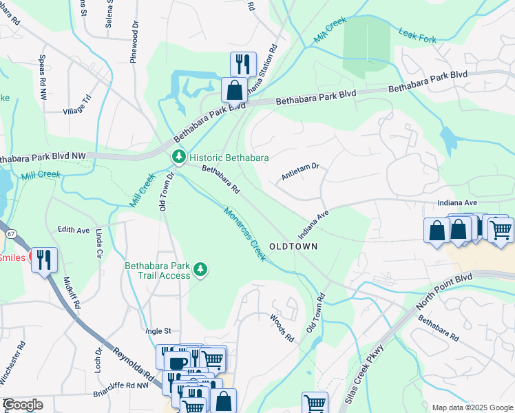 map of restaurants, bars, coffee shops, grocery stores, and more near 2147 Bethabara Road in Winston-Salem