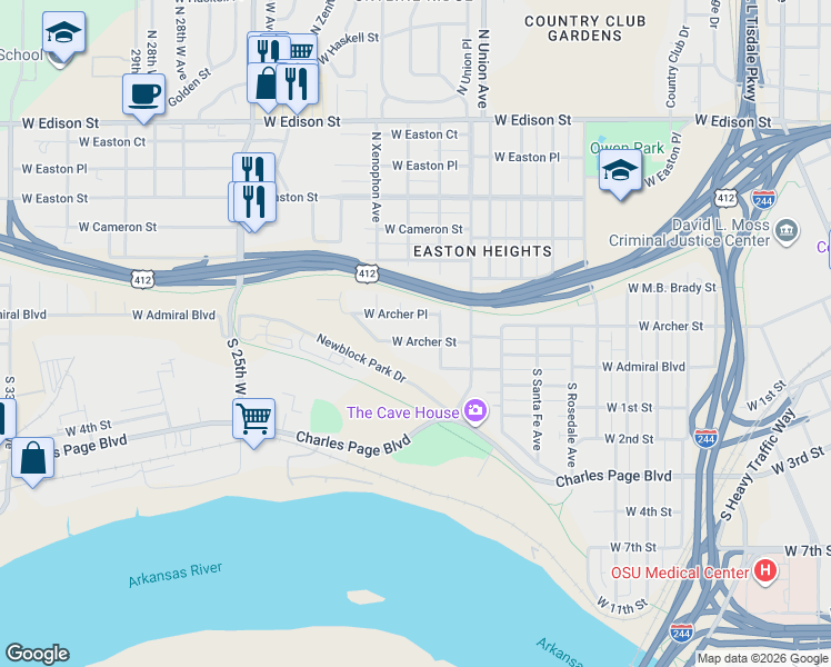map of restaurants, bars, coffee shops, grocery stores, and more near 1823 West Archer Street in Tulsa