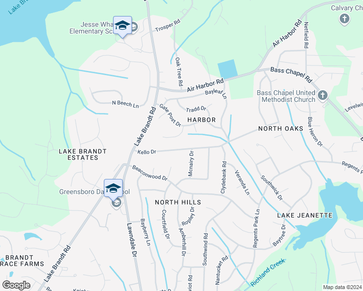 map of restaurants, bars, coffee shops, grocery stores, and more near 2102 Kello Drive in Greensboro