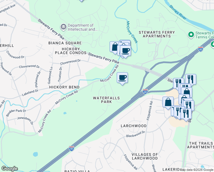map of restaurants, bars, coffee shops, grocery stores, and more near 116 Centerview Drive in Nashville