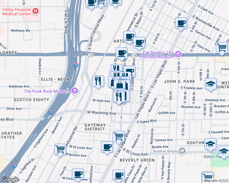 map of restaurants, bars, coffee shops, grocery stores, and more near 1415 South Commerce Street in Las Vegas