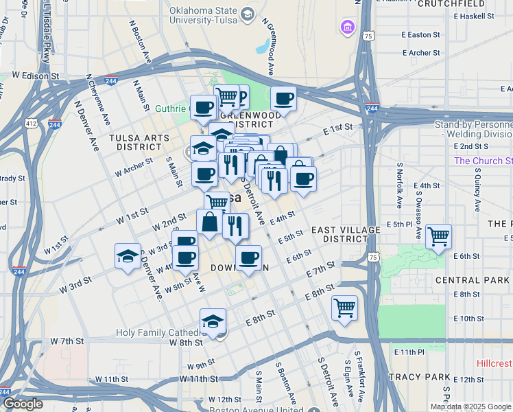 map of restaurants, bars, coffee shops, grocery stores, and more near 301 East 3rd Street in Tulsa
