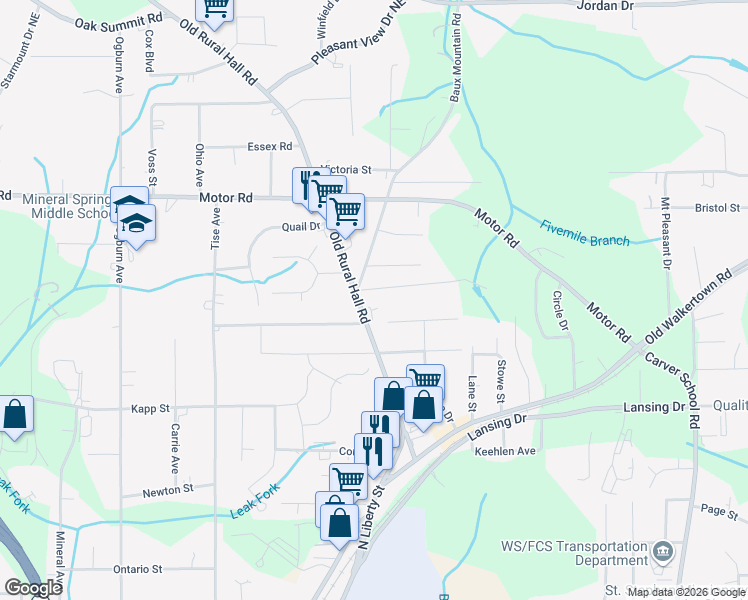 map of restaurants, bars, coffee shops, grocery stores, and more near 4647 Old Rural Hall Road in Winston-Salem