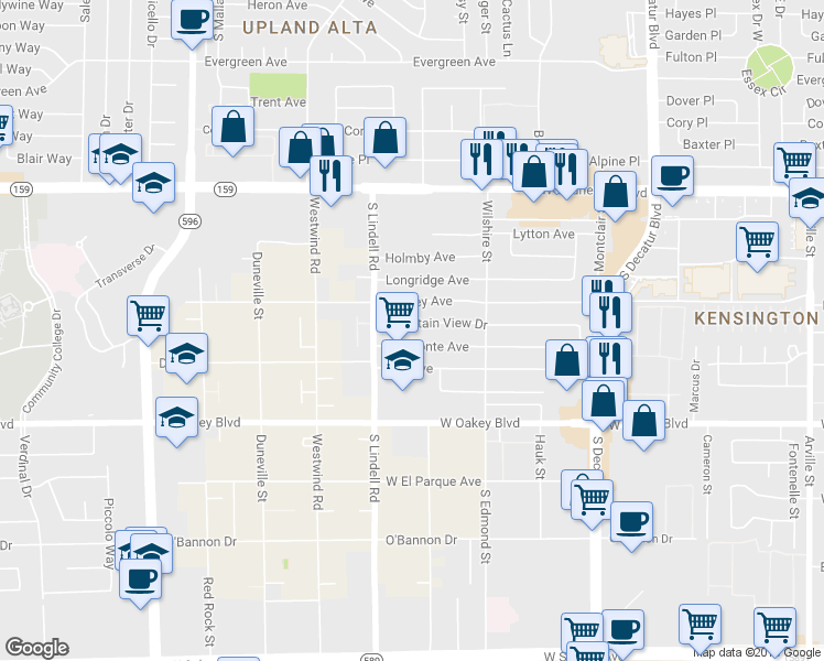 map of restaurants, bars, coffee shops, grocery stores, and more near 5413 Mountain View Drive in Las Vegas