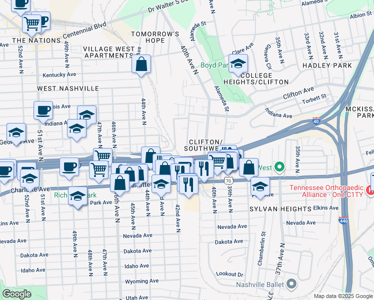 map of restaurants, bars, coffee shops, grocery stores, and more near 4011 Delaware Avenue in Nashville