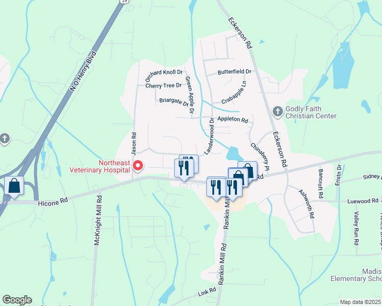 map of restaurants, bars, coffee shops, grocery stores, and more near 4101 Landerwood Drive in Greensboro