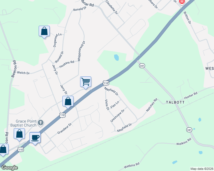 map of restaurants, bars, coffee shops, grocery stores, and more near 2608 Mayfield Drive in Talbott