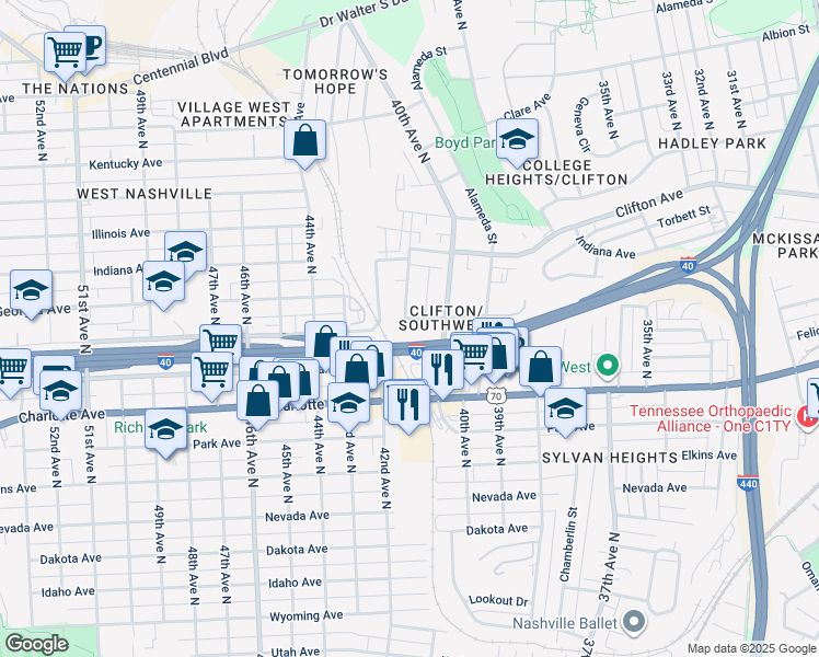 map of restaurants, bars, coffee shops, grocery stores, and more near 4011 Delaware Avenue in Nashville