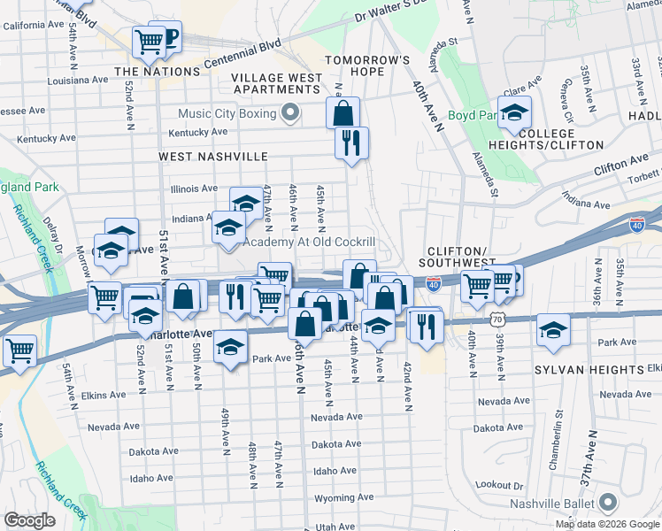 map of restaurants, bars, coffee shops, grocery stores, and more near 601 45th Avenue North in Nashville