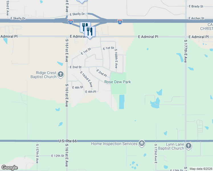 map of restaurants, bars, coffee shops, grocery stores, and more near 16428 East 3rd Street in Tulsa