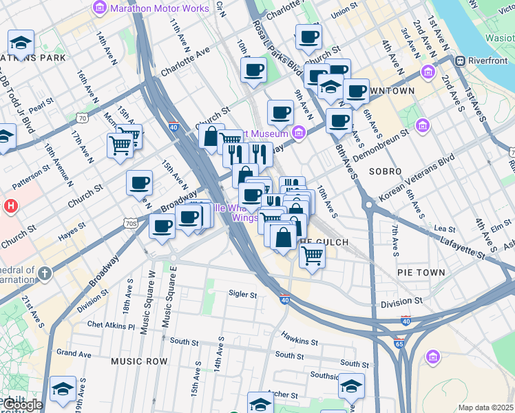 map of restaurants, bars, coffee shops, grocery stores, and more near in Nashville