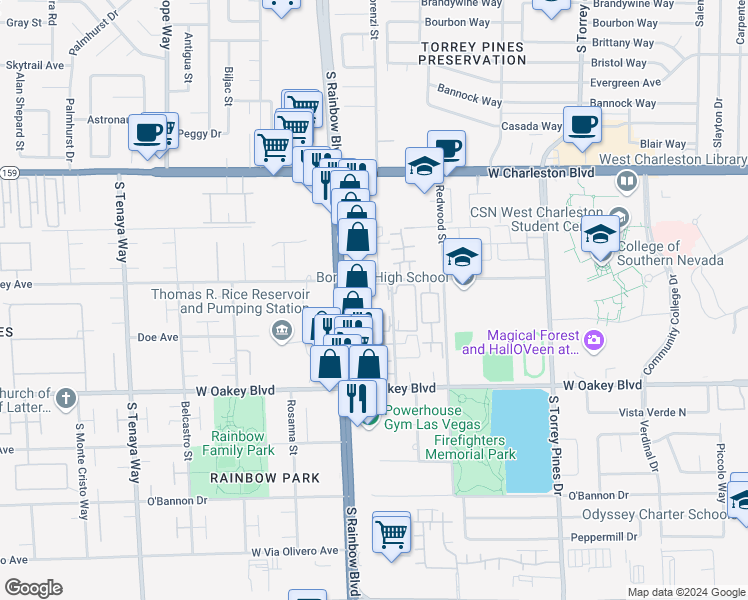 map of restaurants, bars, coffee shops, grocery stores, and more near 1406 Santa Margarita Street in Las Vegas