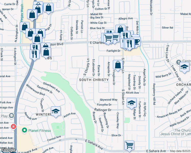 map of restaurants, bars, coffee shops, grocery stores, and more near 1559 Elaine Drive in Las Vegas