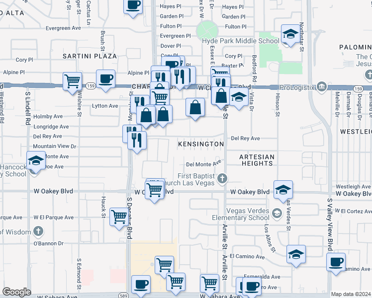 map of restaurants, bars, coffee shops, grocery stores, and more near 1501 Metropolitan Street in Las Vegas