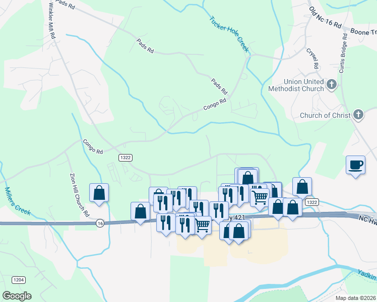 map of restaurants, bars, coffee shops, grocery stores, and more near 914 Winkler Mill Road in Wilkesboro