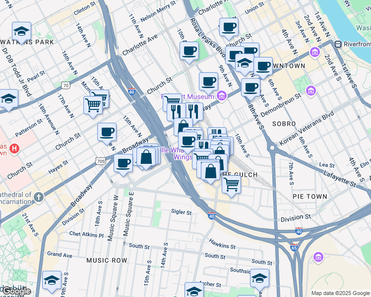 map of restaurants, bars, coffee shops, grocery stores, and more near in Nashville
