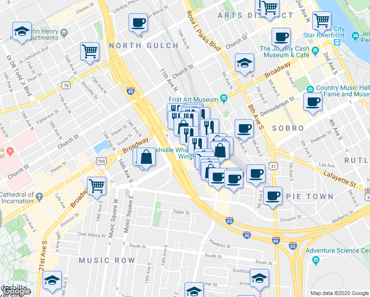 map of restaurants, bars, coffee shops, grocery stores, and more near in Nashville