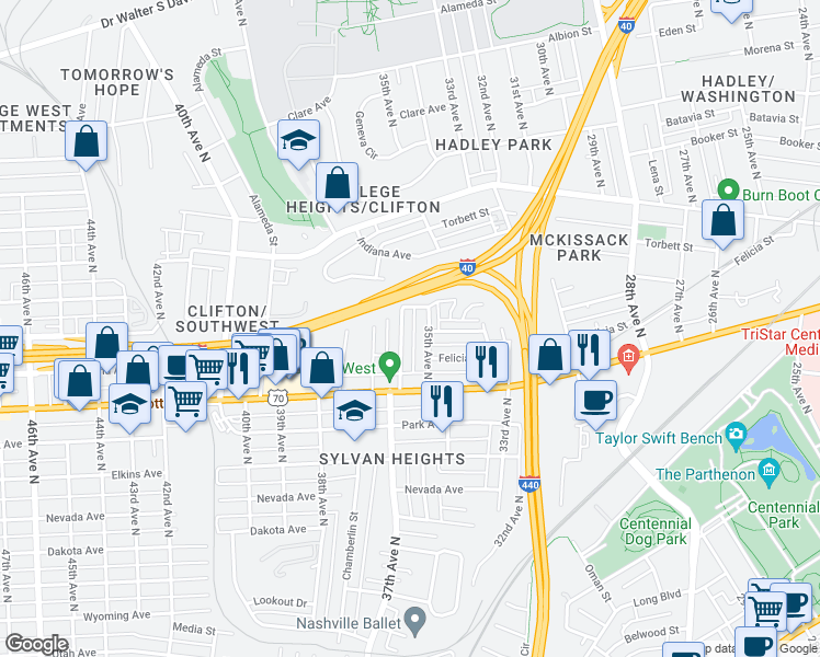 map of restaurants, bars, coffee shops, grocery stores, and more near 502 36th Avenue North in Nashville