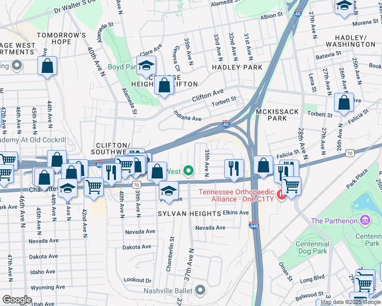 map of restaurants, bars, coffee shops, grocery stores, and more near 502 36th Avenue North in Nashville