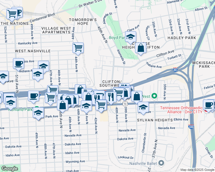 map of restaurants, bars, coffee shops, grocery stores, and more near in Nashville