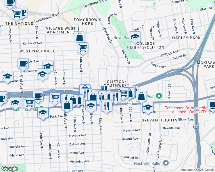 map of restaurants, bars, coffee shops, grocery stores, and more near 4011 Delaware Avenue in Nashville