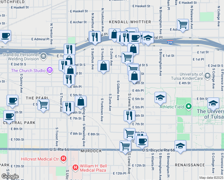 map of restaurants, bars, coffee shops, grocery stores, and more near 364 South Zunis Avenue in Tulsa