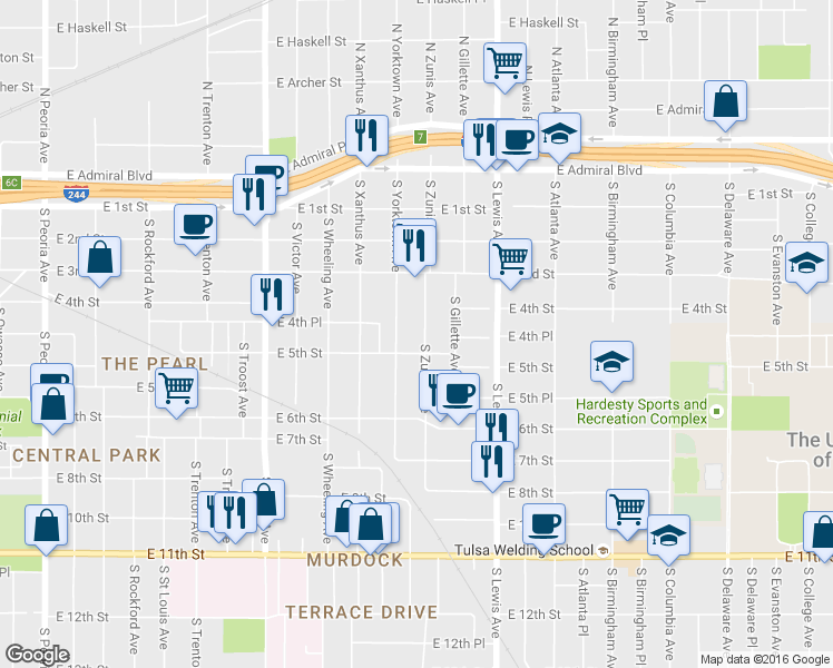 map of restaurants, bars, coffee shops, grocery stores, and more near 364 South Zunis Avenue in Tulsa