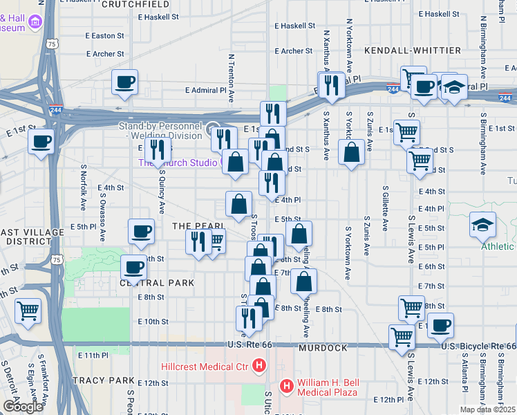 map of restaurants, bars, coffee shops, grocery stores, and more near 433 South Utica Avenue in Tulsa