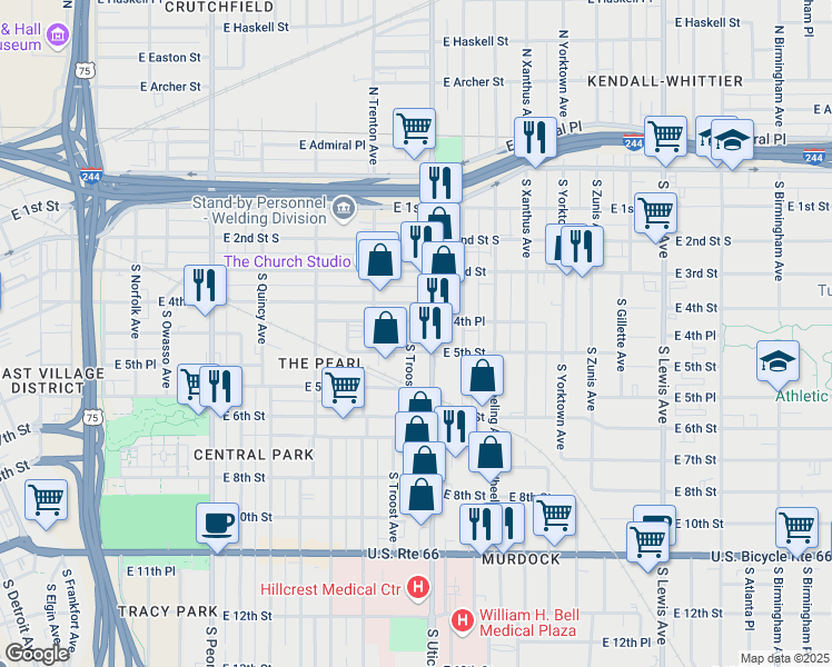 map of restaurants, bars, coffee shops, grocery stores, and more near 433 South Utica Avenue in Tulsa