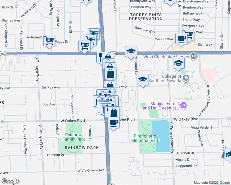map of restaurants, bars, coffee shops, grocery stores, and more near 1410 Santa Margarita Street in Las Vegas