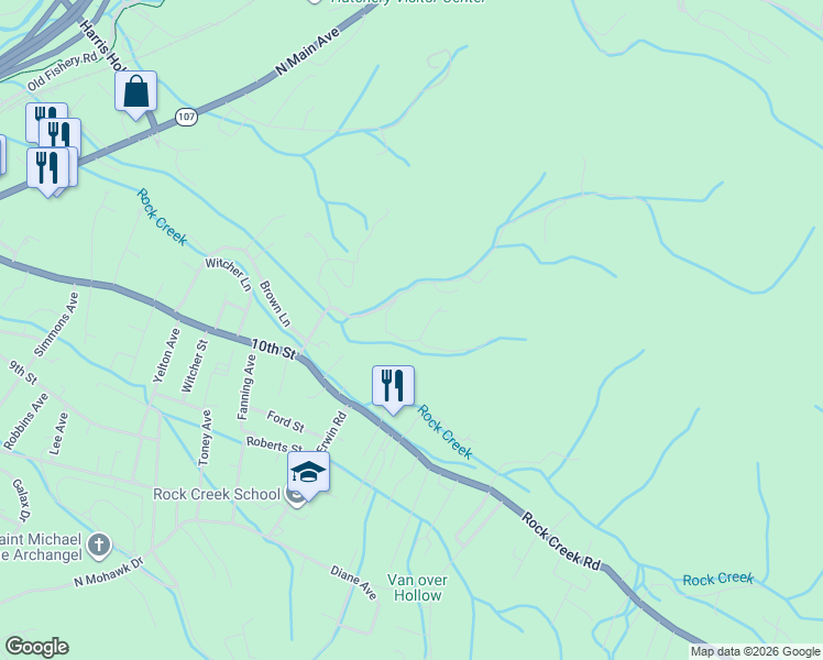 map of restaurants, bars, coffee shops, grocery stores, and more near 998 Blaine White Rd in Erwin