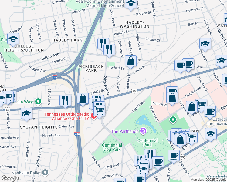 map of restaurants, bars, coffee shops, grocery stores, and more near 2700 Charlotte Avenue in Nashville