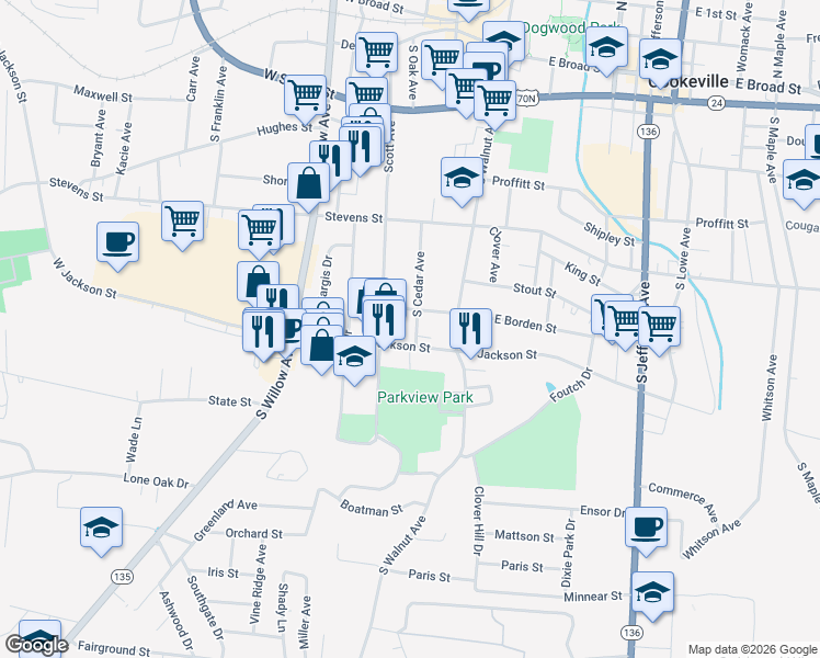 map of restaurants, bars, coffee shops, grocery stores, and more near 423 South Cedar Avenue in Cookeville