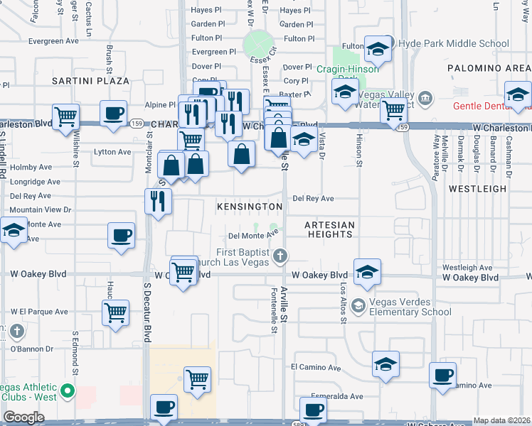 map of restaurants, bars, coffee shops, grocery stores, and more near 1501 Banner Circle in Las Vegas