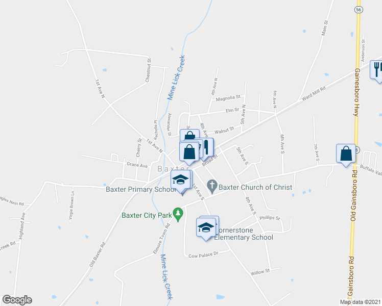 map of restaurants, bars, coffee shops, grocery stores, and more near 226 Main Street in Baxter