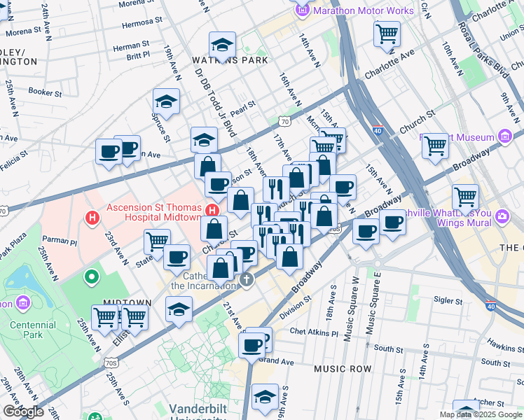 map of restaurants, bars, coffee shops, grocery stores, and more near 1818 Church Street in Nashville