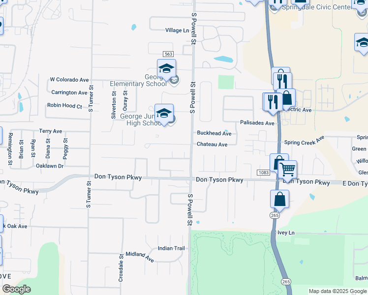 map of restaurants, bars, coffee shops, grocery stores, and more near 3397 Corsica Terrace in Springdale