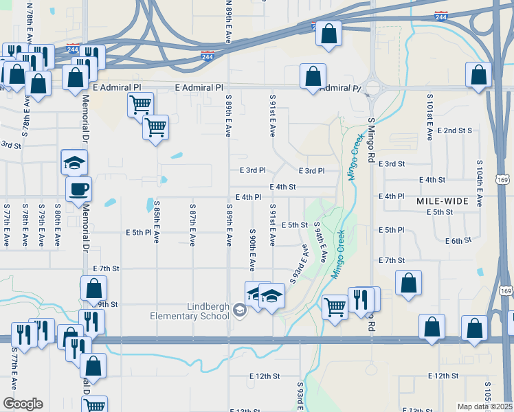 map of restaurants, bars, coffee shops, grocery stores, and more near 445 South 90th East Avenue in Tulsa