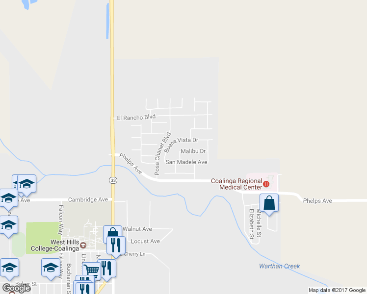 map of restaurants, bars, coffee shops, grocery stores, and more near 441 Malibu Drive in Coalinga