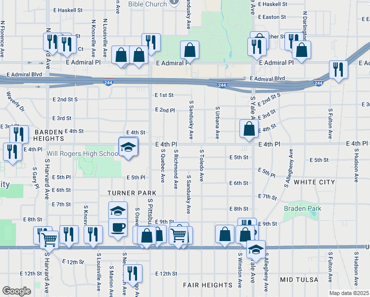 map of restaurants, bars, coffee shops, grocery stores, and more near 4318 East 4th Place in Tulsa