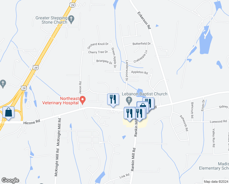 map of restaurants, bars, coffee shops, grocery stores, and more near 4101 Landerwood Drive in Greensboro