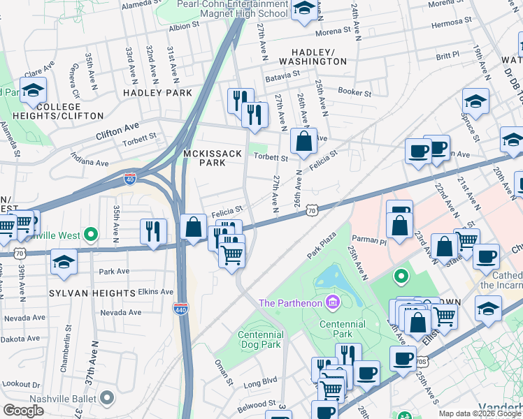 map of restaurants, bars, coffee shops, grocery stores, and more near 2700 Charlotte Avenue in Nashville