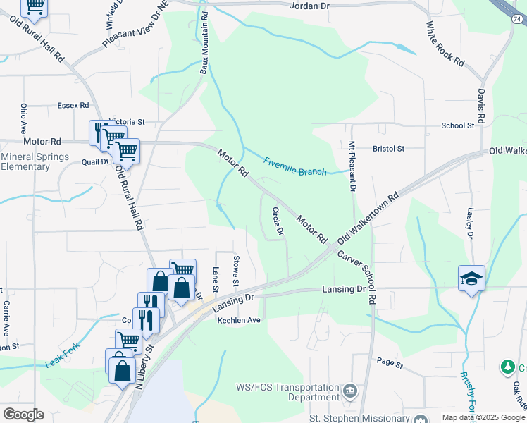 map of restaurants, bars, coffee shops, grocery stores, and more near 4867 Circle Drive in Winston-Salem