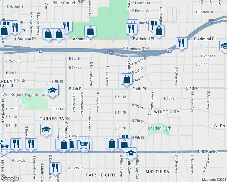 map of restaurants, bars, coffee shops, grocery stores, and more near 4543 East 5th Street in Tulsa